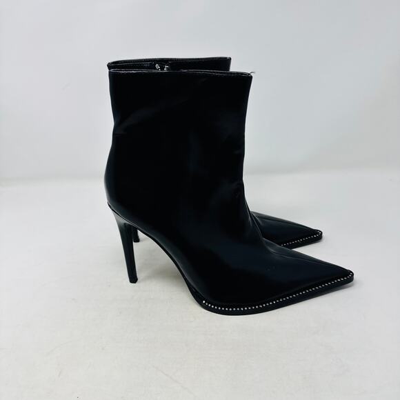 Zara Black Pointed Toe Ankle Boots 39 High Heel Zip Up Stud Trim Sleek Edgy - Picture 5 of 11